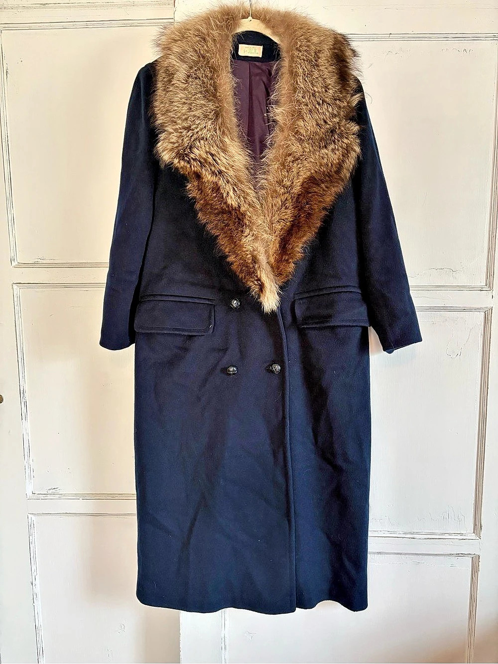 Vintage Penny Lane 100% Wool Fur Collar Long Line Maxi Coat Size 11